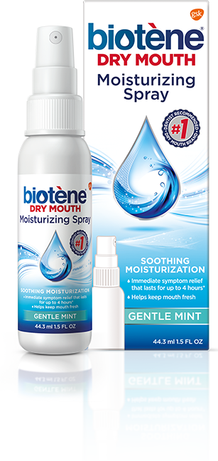 Bottle of Biotène Dry Mouth Moisturizing Spray Box of Biotène Dry Mouth Moisturizing Spray